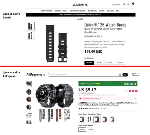 Сравнение цен на ремешки для часов Garmin tactix 7 vs AliExpress