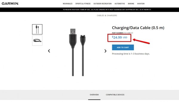 Цена на фирменный USB кабель Garmin для моделей часов Fenix