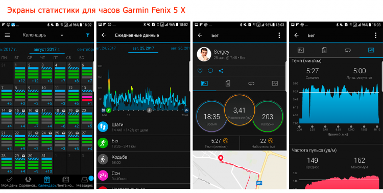 Экраны активности в телефоне Android для часов Garmin Fenix 5X