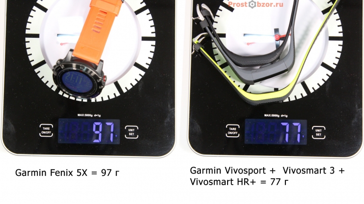 Сравнение веса часов Fenix 5x и фитнес-трекеров Garmin Vivo
