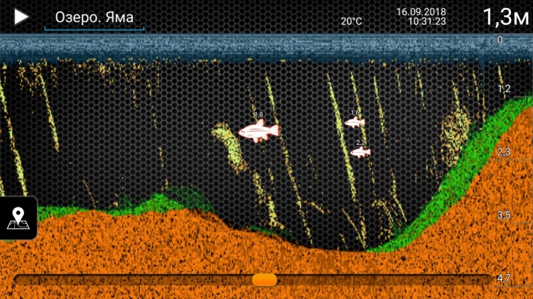 Пример изменения рельефа дна ри работе эхолота Deeper PRO + Пример изменения рельефа дна ри работе эхолота Deeper PRO +