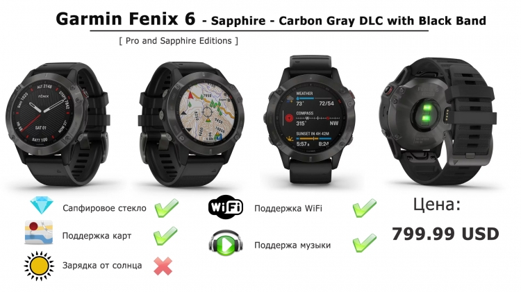 Часы Garmin fēnix 6 - Sapphire - Carbon Gray DLC with Black Band Часы Garmin fēnix 6 - Sapphire - Carbon Gray DLC with Black Band