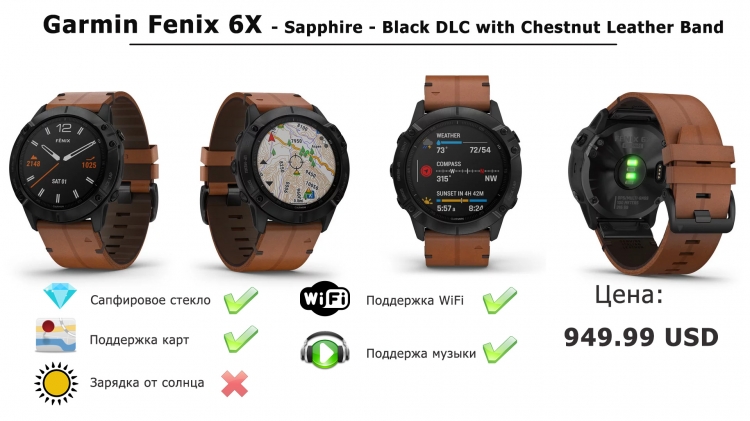 Часы Garmin Fenix 6X - Sapphire - Black DLC with Chestnut Leather Band Часы Garmin Fenix 6X - Sapphire - Black DLC with Chestnut Leather Band
