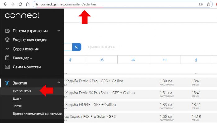 ВСе занятия для сравнения Garmin Connect