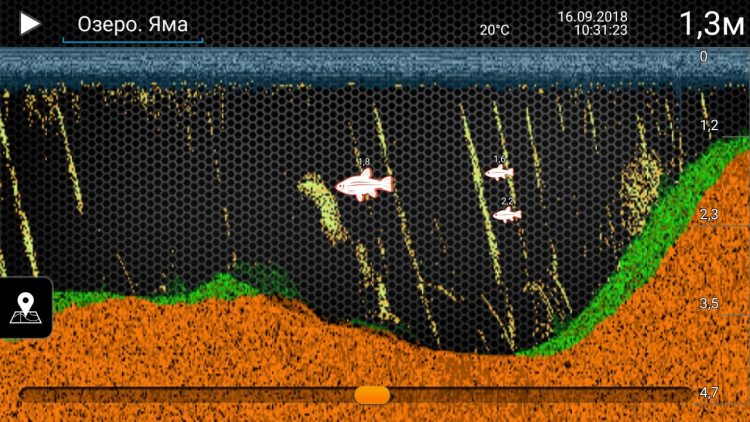 Пример изменения рельефа дна ри работе эхолота Deeper PRO +