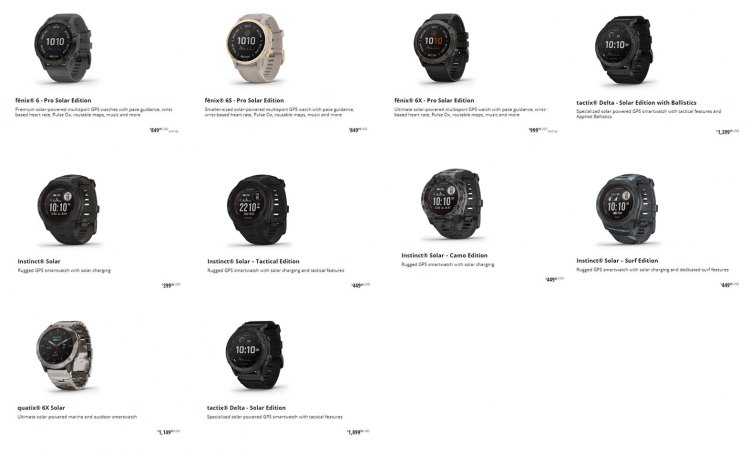 Линейка часов Garmin с поддержкой Solar технологии зарядки от солнца