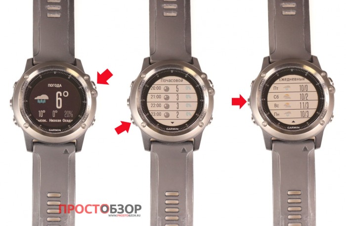 Виджет погода в часах Garmin Fenix 3 HR - прокрутка экранов с помощью кнопок