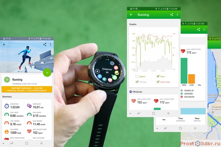 Пример данных по активности в програме endomondo на Samsung Gear S3 Frontier