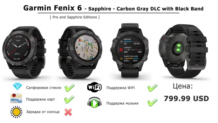 Часы Garmin fēnix 6 - Sapphire - Carbon Gray DLC with Black Band