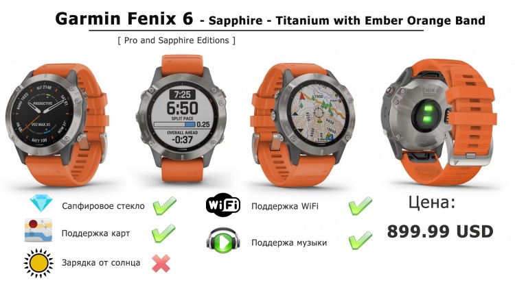 Часы  Garmin fēnix 6 - Sapphire - Titanium with Ember Orange Band