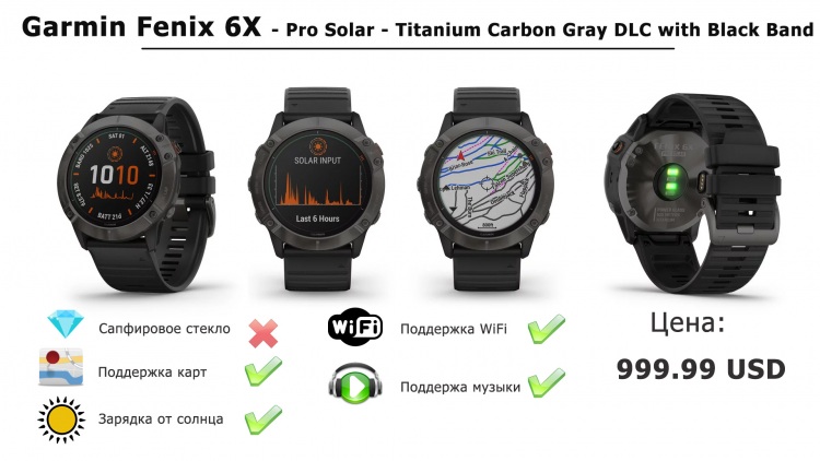 fēnix 6X – Pro Solar Edition Pro Solar - Titanium Carbon Gray DLC with Black Band
