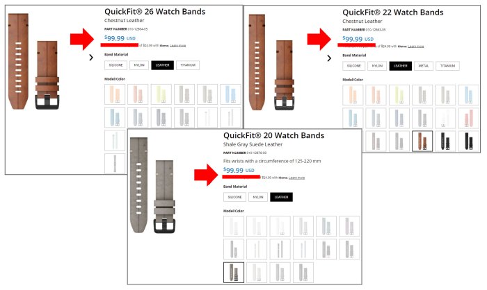 Цена кожаных ремешков для часов Garmin Fenix 6, 6X, 6S
