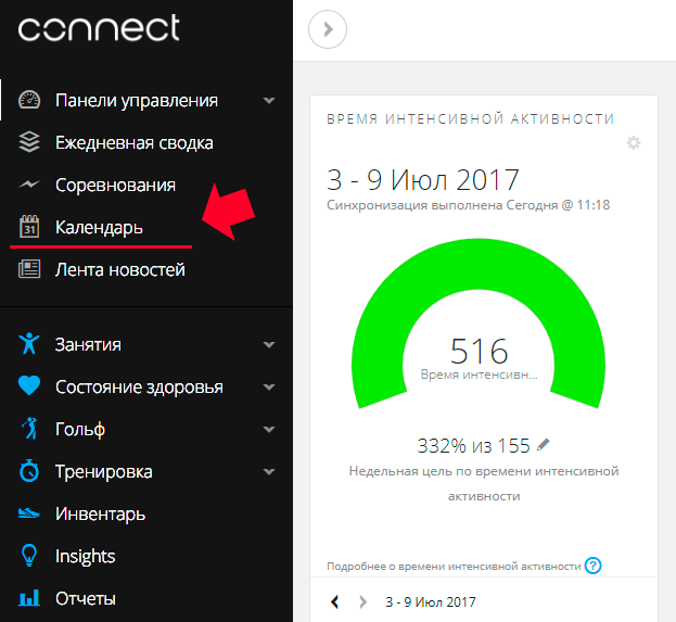 Меню Календарь в Веб-Серсисе Garmin Connect