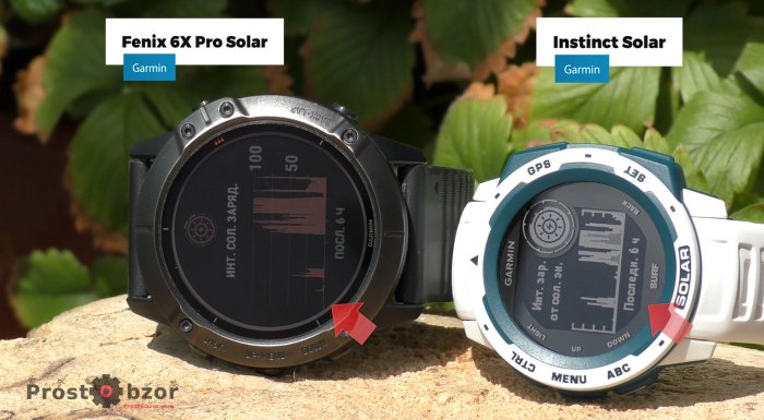Зарядная площадка часов Garmin Instinct Solar в сравнении с Fenic 6X Pro Solar