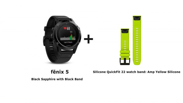 Модель часов garmin fenix 5 strap black yellow strap с зеленым сменным силиконовым ремешком