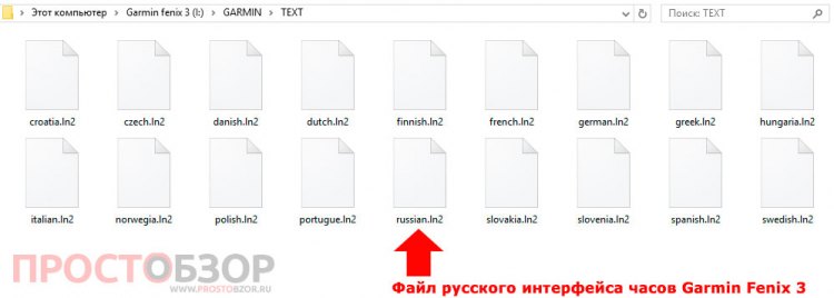 Список языковых интерфейсов в виде файлов в часах Garmin Fenix 3