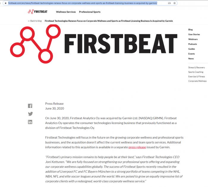 Покупка компании FirstBeat и поглощение Garmin