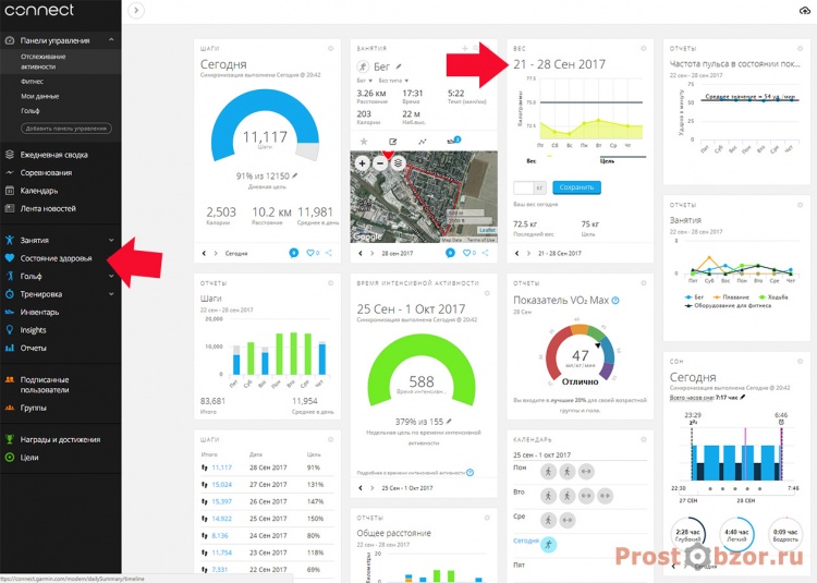 Секция веса в Панели Garmin Connect