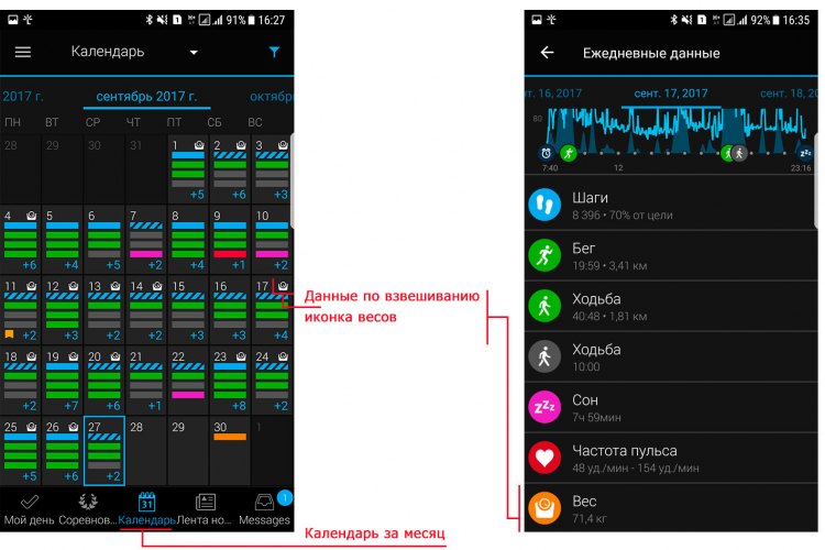Данные по весу в разделе Календарь - Garmin Connect Mobile