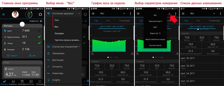 Просмотр данных по измерению с помощью умных весов Garmin Index