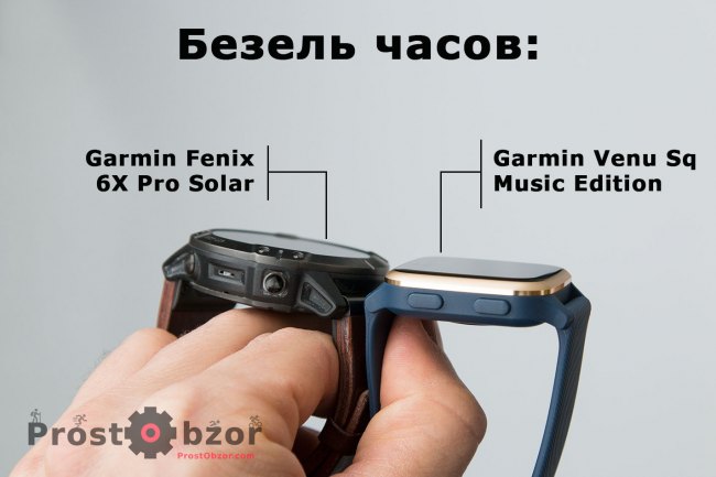 Сравнение безеля часов Fenix 6X Pro Solar и Venu Sq Music Edition