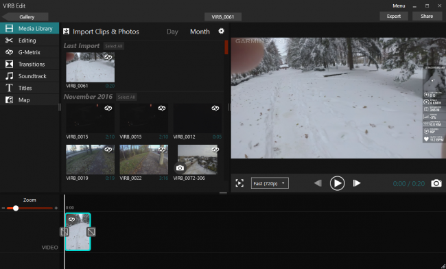 Главное окно программы Garmin Virb Edit