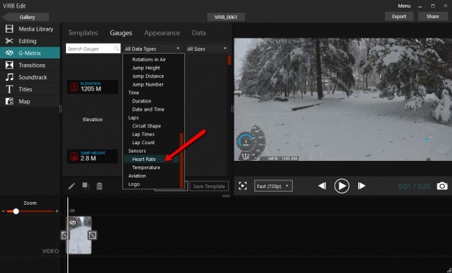 Выбор данных по пульсу в G-Metrix данных программы