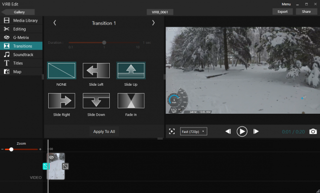 Настройки переходов между видео в Garmin Virb Edit