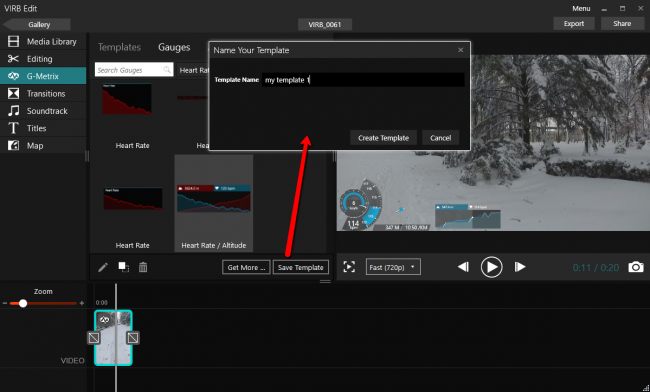 Сохранение шаблона редактирование размещения датчиков G-Metrix в Garmin Virb Edit