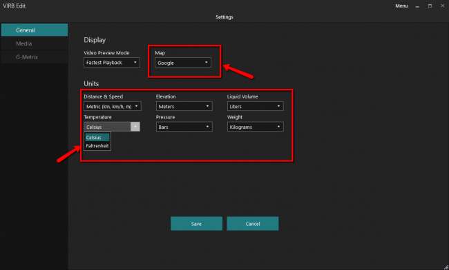 Настройки метрических значений в программе Garmin Virb Edit