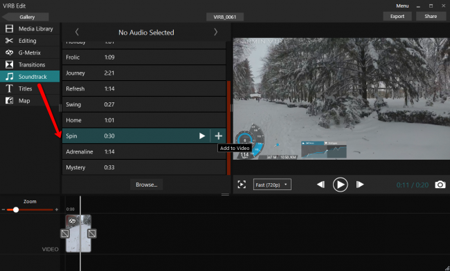 Наложение музыки на видео в программе Garmin Virb Edit