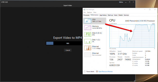 Загрузка Процессора в обработке видео Garmin Virb Edit