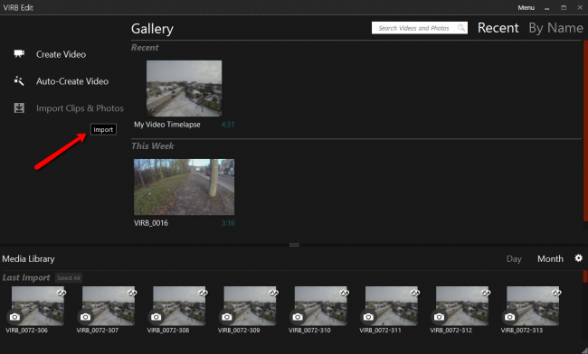 Импорт файлов из камеры Virb 30 в программу