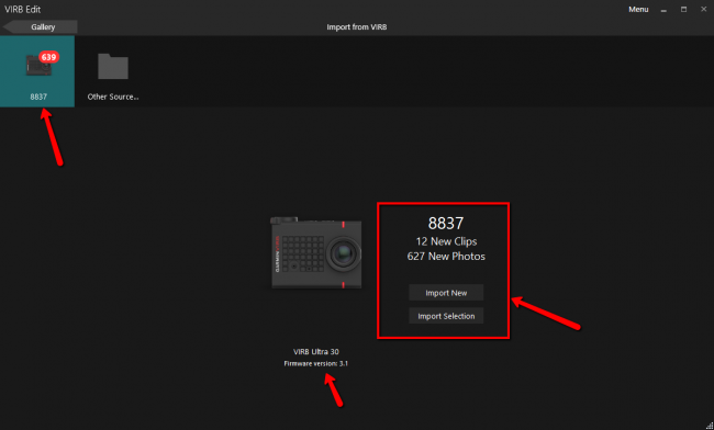 Данные по подключенной экшн-камере Garmin Virb Ultra 30