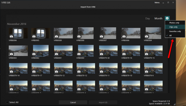 фильтр выбора меди-материала для Garmin Virb Edit
