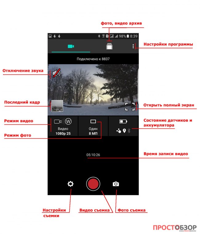 Элементы управление программы для экшн-камеры Garmin Virb Ultra30