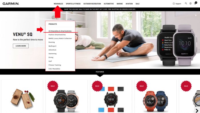 Выбро часов на сайте Garmin