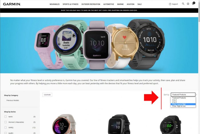 Сортировка цены на часы Garmin