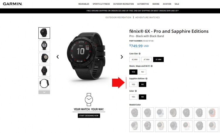 Выбор типа стекла при покупке часов Garmin Fenix 6X