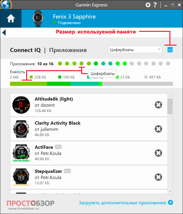 Размер используемой памяти в программе Garmin Express для часов Fenix3
