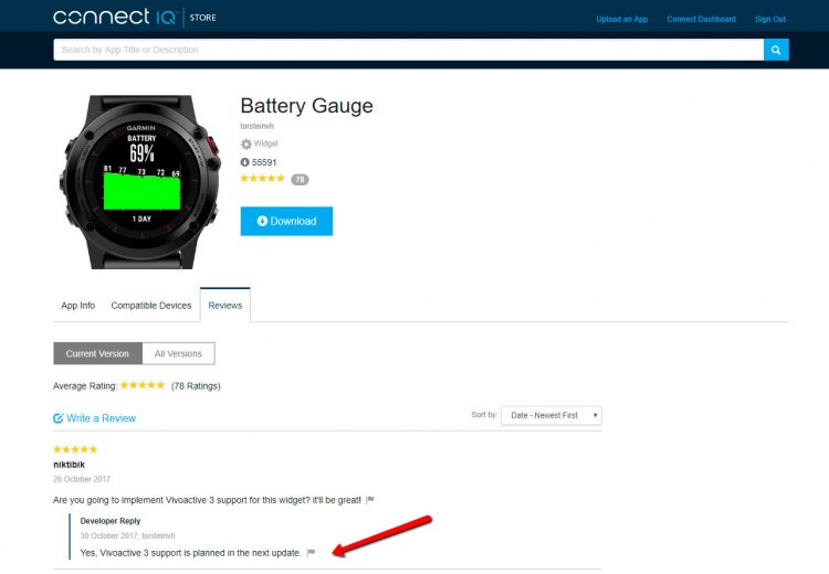 Планируемая поддержка Vivoactive 3 для виджета Battery Gauge